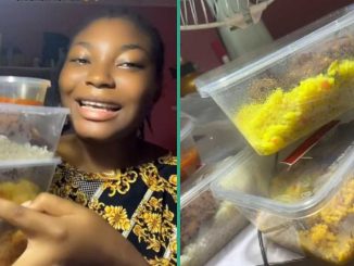 Excited Nigerian Lady Displays Plate of Rice and Chicken She Bought for N1k, People Rush Her