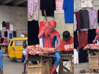 Spiderman spotted catching and selling quality meat in the market (VIDEO)