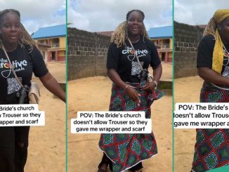 Lady Who Attended Church Wedding Wearing Trouser Surprised As She Was Given Wrapper to Tie