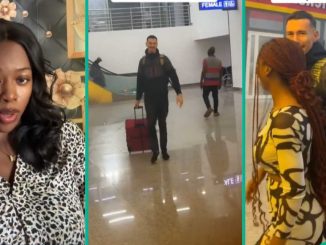 Pretty lady welcomes oyinbo lover to Nigeria, becomes shy as man hugs her