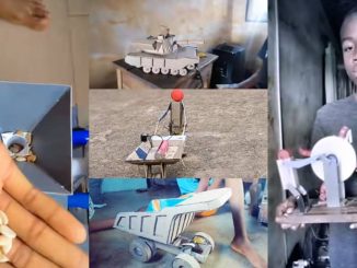 Young boy builds ammo tank, grinding machine, dump truck, and toys from carton and batteries