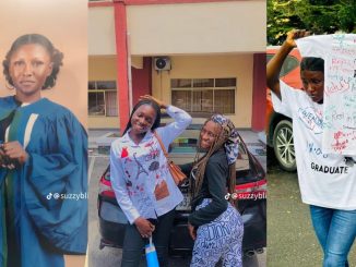 Nigerian lady signs out of university, holds shirt in tribute to late coursemate