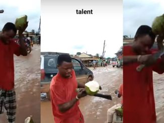 Nigerian man shows off rare talent as he cuts coconut on his head without looking