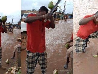 Nigerian Man Displays Incredible Talent By Cutting Coconut On His Head (VIDEO)