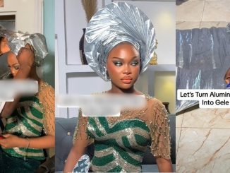 Bride and artiste wow netizens as they transform aluminum foil into head tie (WATCH)