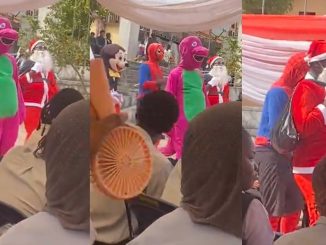 "Barney sef don l0se weight" – Online users react to unusual Barney costume at school party in Enugu (WATCH)