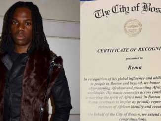 Rema receives certificate of recognition from mayor of Boston