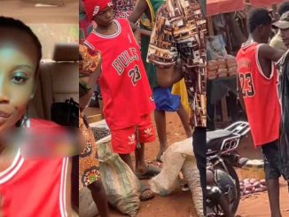 "I no know say na my village people uniform" – Lady feels ashamɘd to see individuals wearing the same matching jersey as her at the village market (VIDEO)