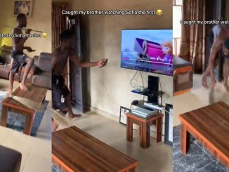 "See pesin wey suppose dey sweep house" – Hilarious moment a lady caught her brother watching a female-inspired cartoon instead of doing his chores (WATCH)